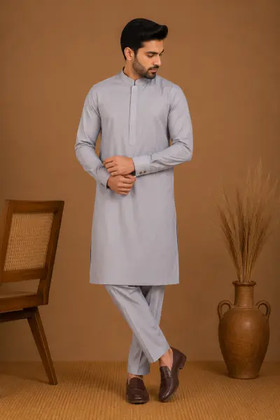 Men's Pearl Grey Silk Kurta with Bottom