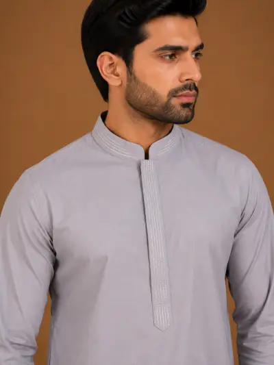 Men's Pearl Grey Silk Kurta with Bottom view 2