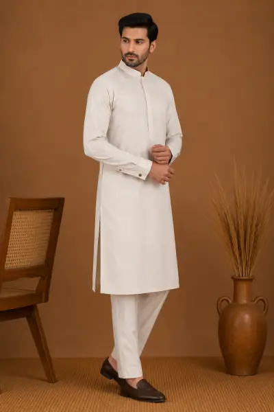 Men's Ivory Silk Kurta with Bottom