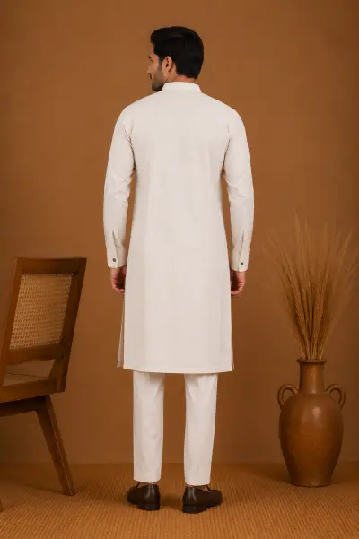 Men's Ivory Silk Kurta with Bottom view 3