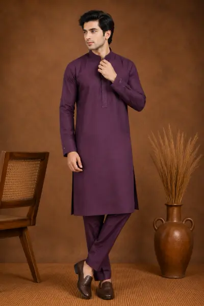 Men's Plum Silk Kurta with Bottom