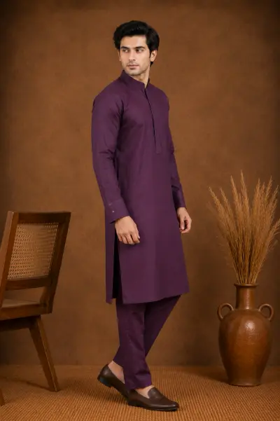 Men's Plum Silk Kurta with Bottom view 4