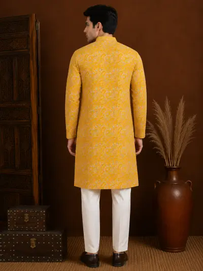Men's Mustard Yellow Embroidered Silk Kurta view 3