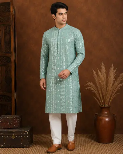 Men's Mint Green Embroidered Silk Kurta