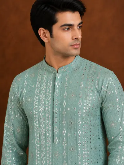 Men's Mint Green Embroidered Silk Kurta view 2