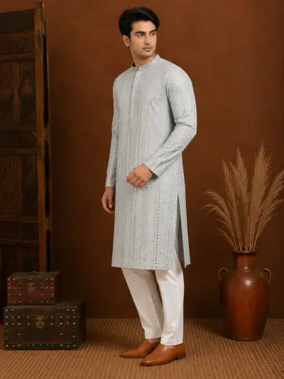 Men's Ice Blue Embroidered Silk Kurta view 4
