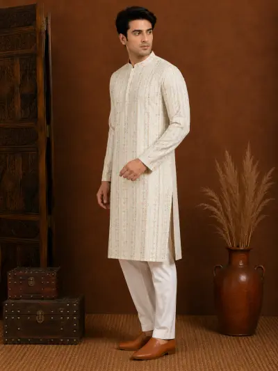 Men's Ivory Floral Embroidered Silk Kurta view 4