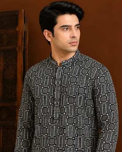 Men's Black Geometric Embroidered Silk Kurta view 2