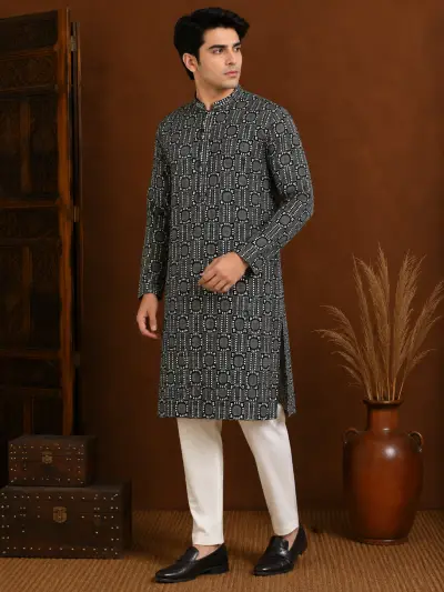 Men's Black Geometric Embroidered Silk Kurta view 4