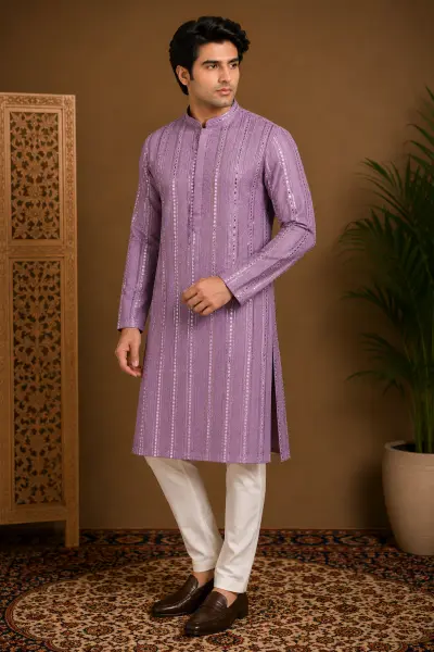 Men's Lavender Embroidered Silk Kurta