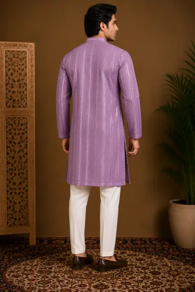 Men's Lavender Embroidered Silk Kurta view 3
