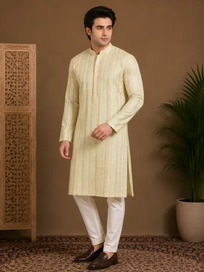 Men's Pastel Yellow Embroidered Silk Kurta