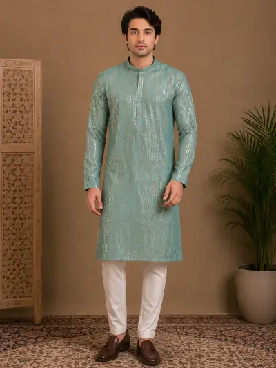 Men's Aqua Blue Embroidered Silk Kurta