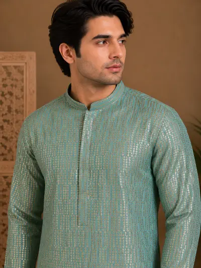 Men's Aqua Blue Embroidered Silk Kurta view 2