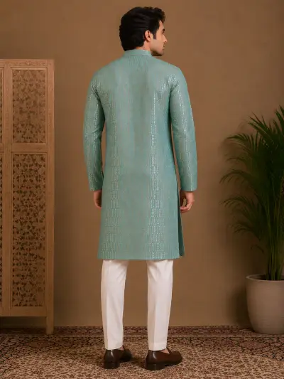 Men's Aqua Blue Embroidered Silk Kurta view 3