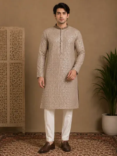 Men's Beige Embroidered Silk Kurta