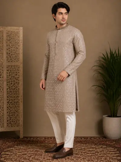 Men's Beige Embroidered Silk Kurta view 4