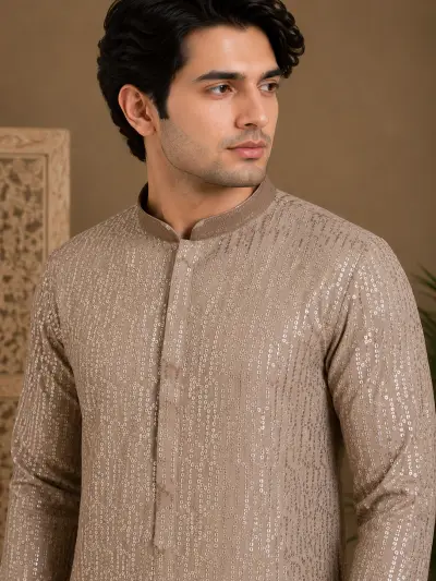 Men's Beige Embroidered Silk Kurta view 2