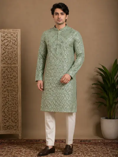Men's Sage Green Embroidered Silk Kurta