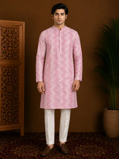 Men's Pink Embroidered Silk Kurta