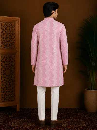Men's Pink Embroidered Silk Kurta view 3