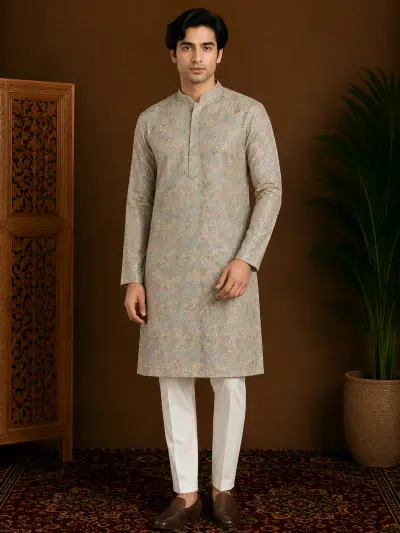 Men's Sage Green Printed Silk Kurta