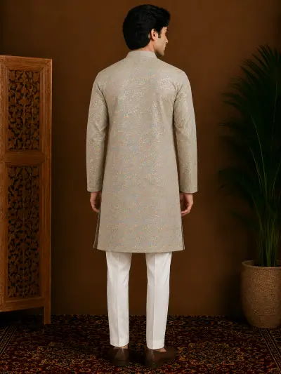 Men's Sage Green Printed Silk Kurta view 3