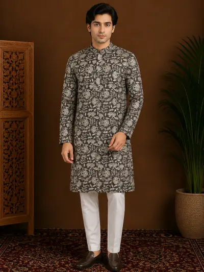 Men's Charcoal Floral Printed Silk Kurta