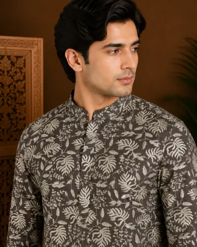 Men's Charcoal Floral Printed Silk Kurta view 2