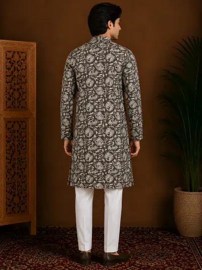 Men's Charcoal Floral Printed Silk Kurta view 3