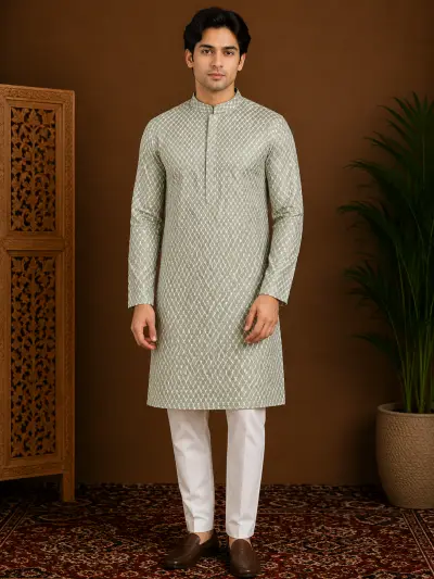 Men's Pistachio Embroidered Silk Kurta