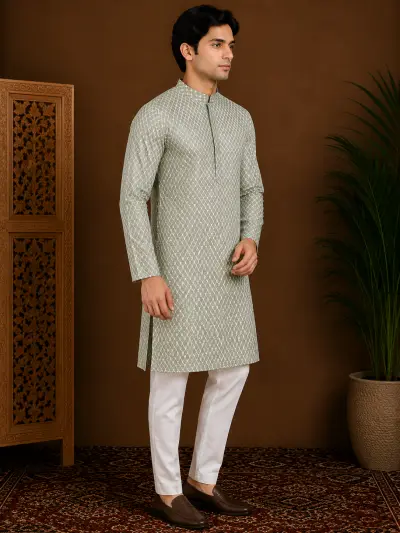 Men's Pistachio Embroidered Silk Kurta view 4
