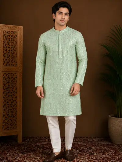 Men's Mint Green Embroidered Silk Kurta