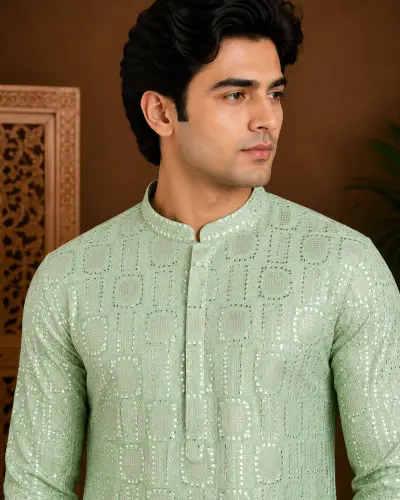 Men's Mint Green Embroidered Silk Kurta view 2
