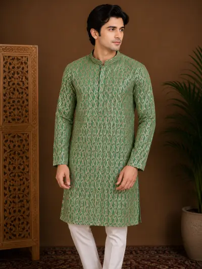 Men's Emerald Green Embroidered Silk Kurta