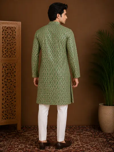Men's Emerald Green Embroidered Silk Kurta view 3