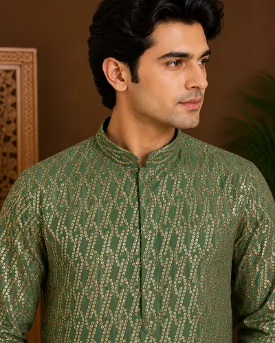 Men's Emerald Green Embroidered Silk Kurta view 2
