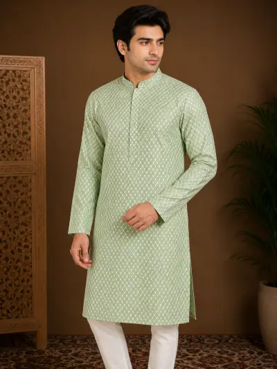 Men's Light Green Embroidered Silk Kurta