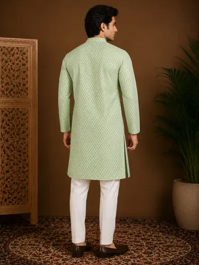 Men's Light Green Embroidered Silk Kurta view 3