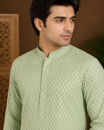 Men's Light Green Embroidered Silk Kurta view 2