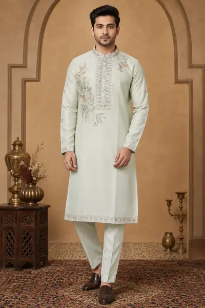Men's Mint Green Dola Silk Embroidered Kurta Set