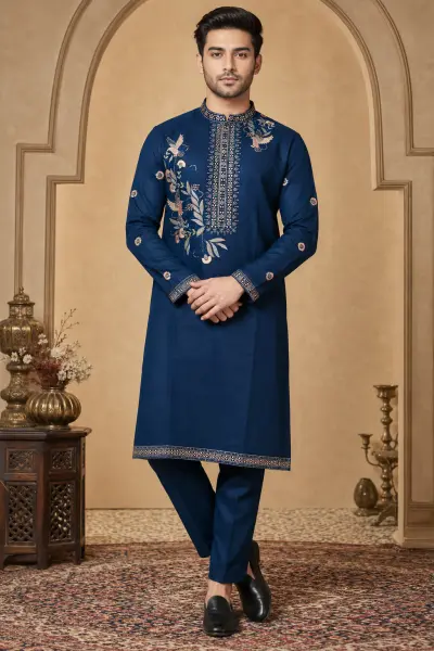 Men's Navy Blue Dola Silk Embroidered Kurta Set