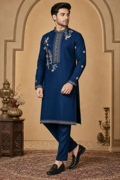 Men's Navy Blue Dola Silk Embroidered Kurta Set view 4