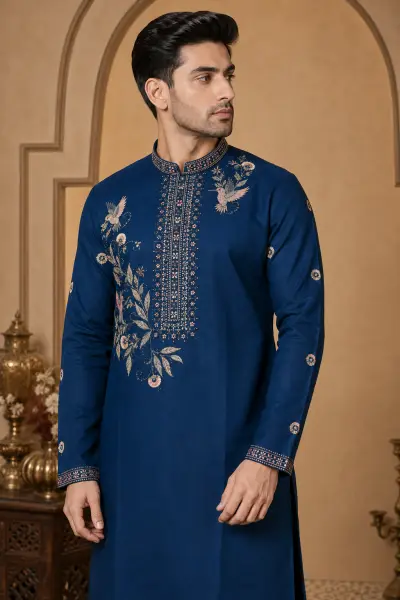 Men's Navy Blue Dola Silk Embroidered Kurta Set view 2