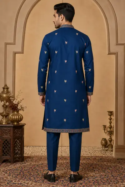 Men's Navy Blue Dola Silk Embroidered Kurta Set view 3