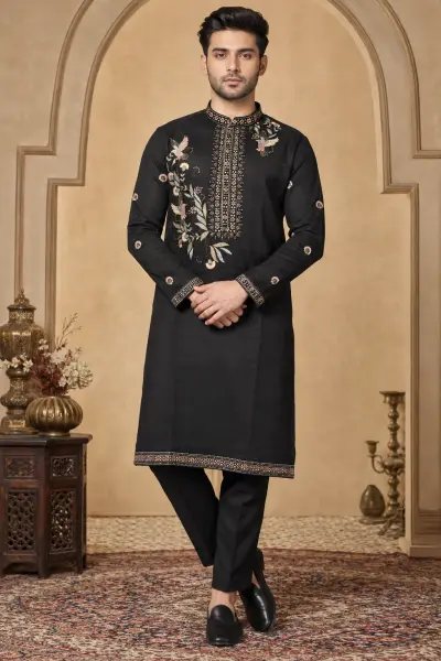 Men's Black Dola Silk Embroidered Kurta Set
