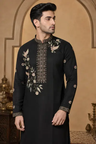 Men's Black Dola Silk Embroidered Kurta Set view 2