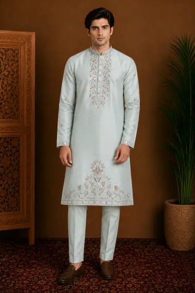 Men's Ice Blue Dola Silk Embroidered Kurta Set