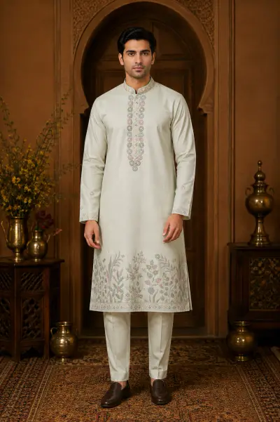 Men's Ivory Dola Silk Floral Embroidered Kurta Set