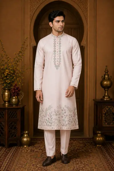 Men's Blush Pink Dola Silk Floral Embroidered Kurta Set